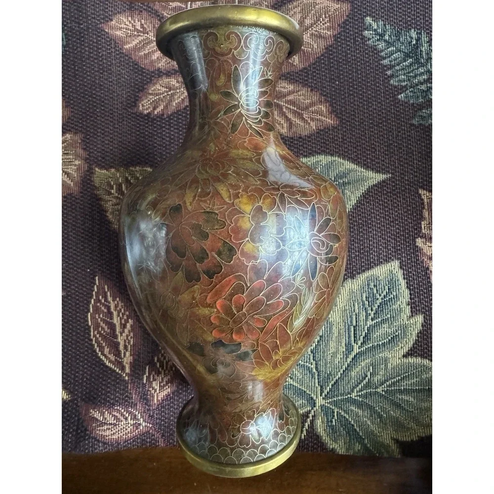 Vintage Chinese Cloisonne Enamel Vase Red Brown Floral Brass‎ Millefleurs